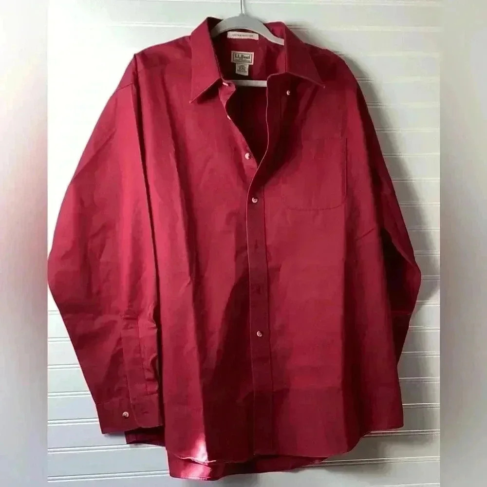 LL Bean Mens Wrinkle Free Long Sleeve Button Down Dress Shirt Wine Maroon Sz XL